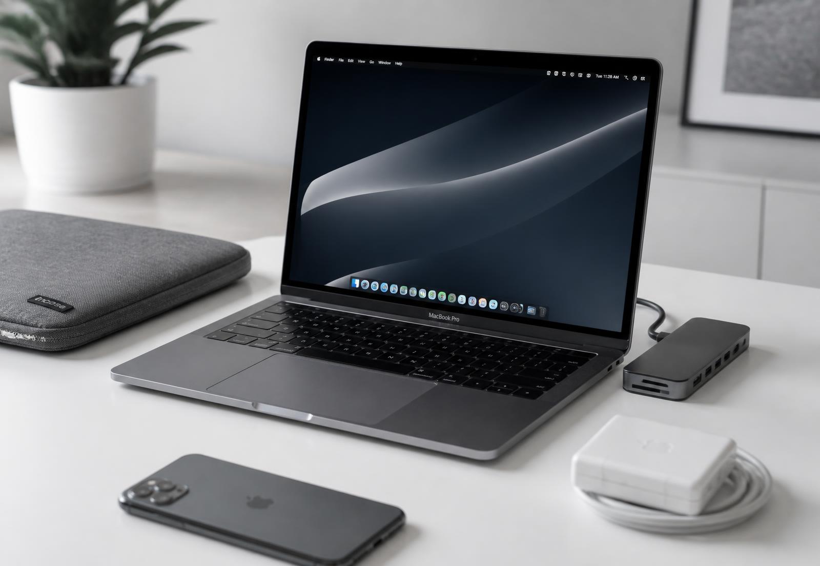 MacBook Pro on a clean desk with a USB-C hub, charger and sleeve