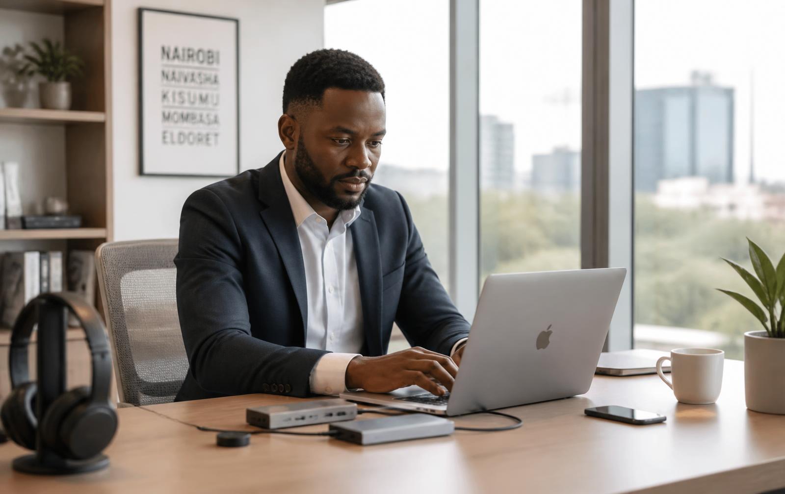 Professional working on a MacBook with a docking station in a Nairobi office